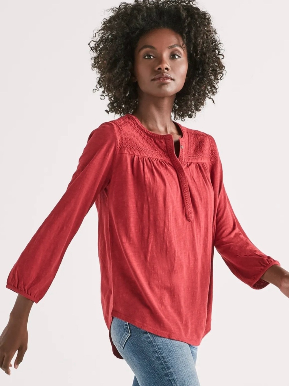 Lucky Brand Embroidered V-Neck Boho Coral Peasant Top Wmn’s M